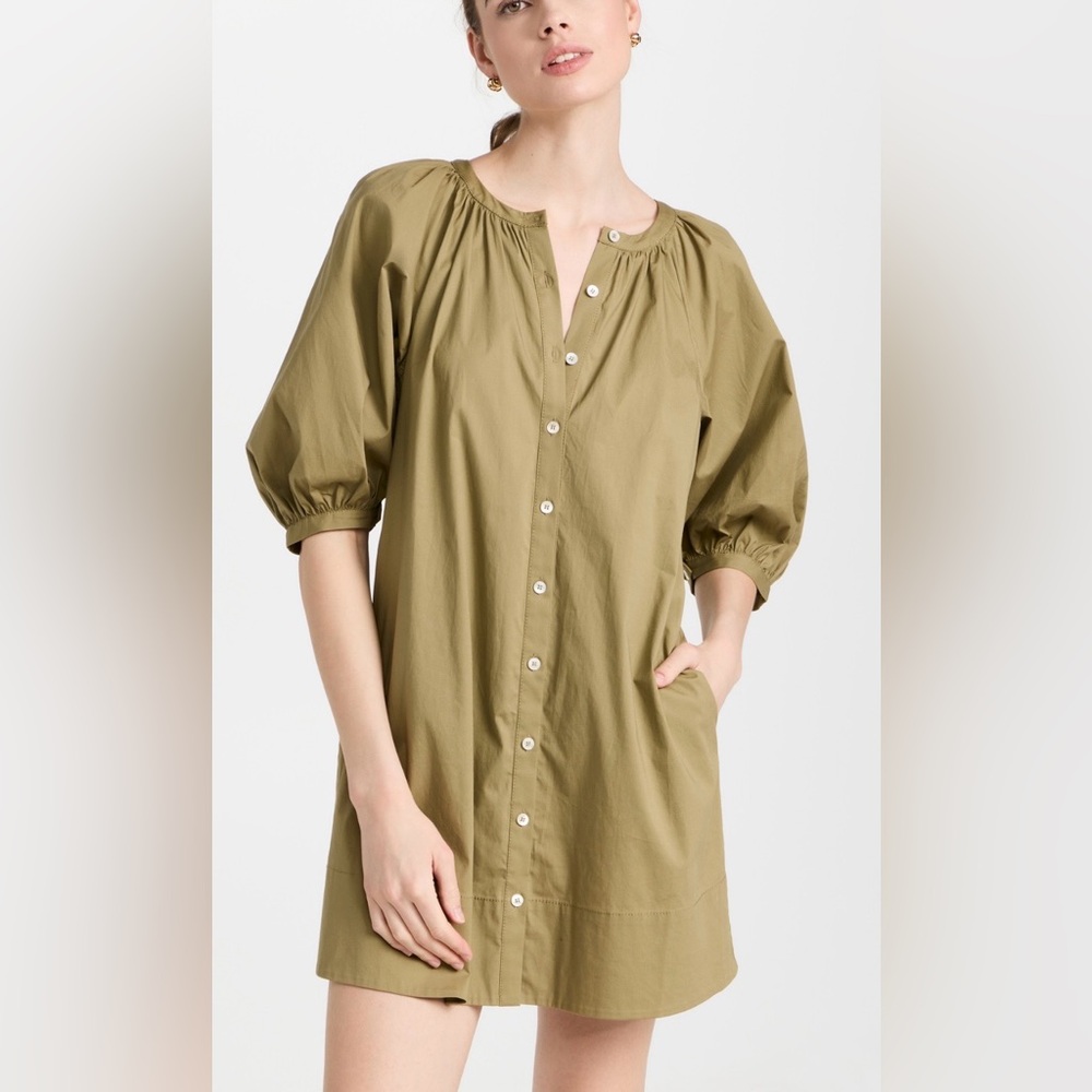 STAUD Olive Green Button-Front Puff Sleeve Dress